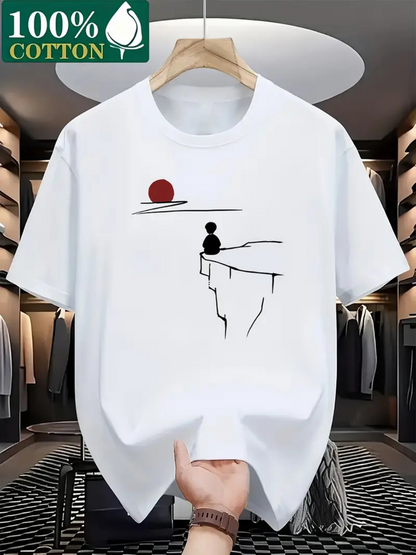 Men's Graphic T-Shirt Minimal Line Art Silhouette Sitting Under Setting Sun Cliff