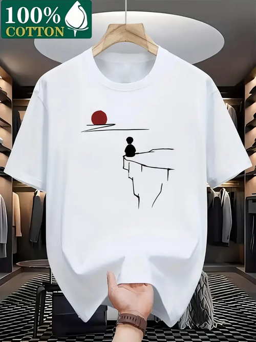 Men's Graphic T-Shirt Minimal Line Art Silhouette Sitting Under Setting Sun Cliff