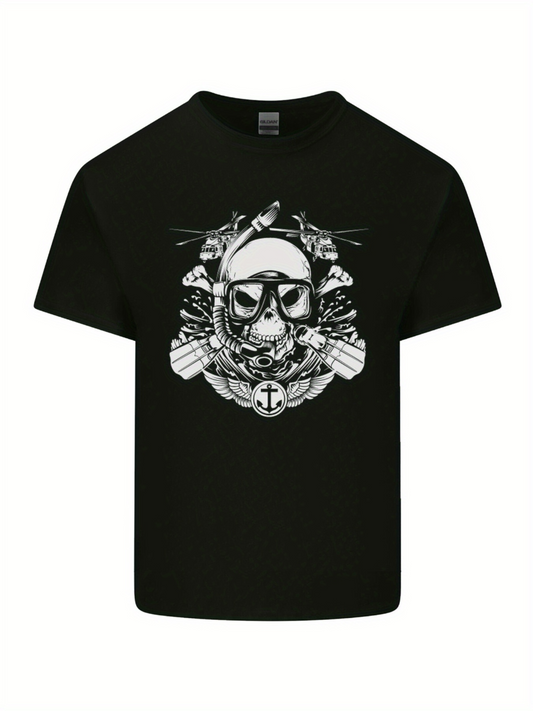 Men's Graphic T-Shirt Detailed Nautical Icons Surrounding Skull With Diving Goggles