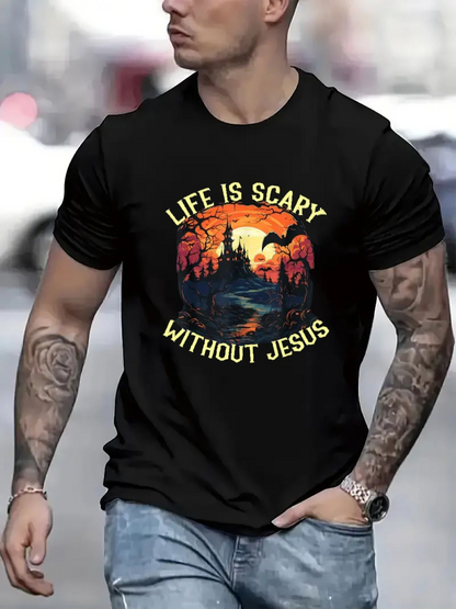 Men's Graphic T-Shirt Life Is Scary Without Jesus Creepy Night Forest With Haunted Trees And Full Moon