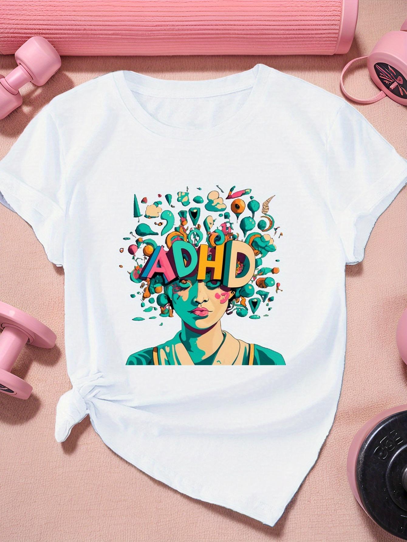 Women's Graphic T-Shirt ADHD Colorful Abstract Elements Swirling Around Artistic Woman Portrait