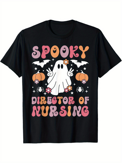Men's Graphic T-Shirt Spooky Director Of Nursing Surrounded By Pumpkins Ghost And Flying Bats