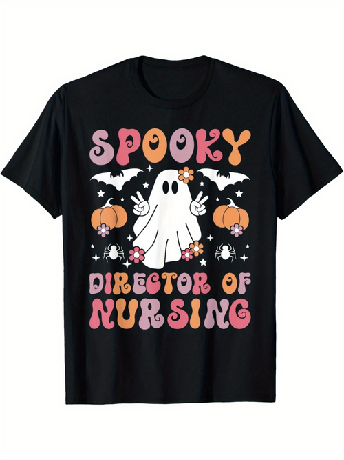 Men's Graphic T-Shirt Spooky Director Of Nursing Surrounded By Pumpkins Ghost And Flying Bats