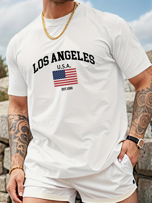 Men's Graphic T-Shirt Los Angeles Usa Flag Print With Simple Minimalist Lettering T Shirt