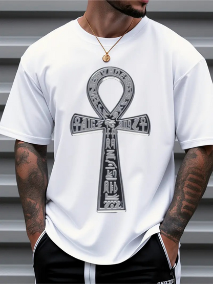 Men's Graphic T-Shirt Ancient Symbols And Hieroglyphics Within Ankh Cross Design