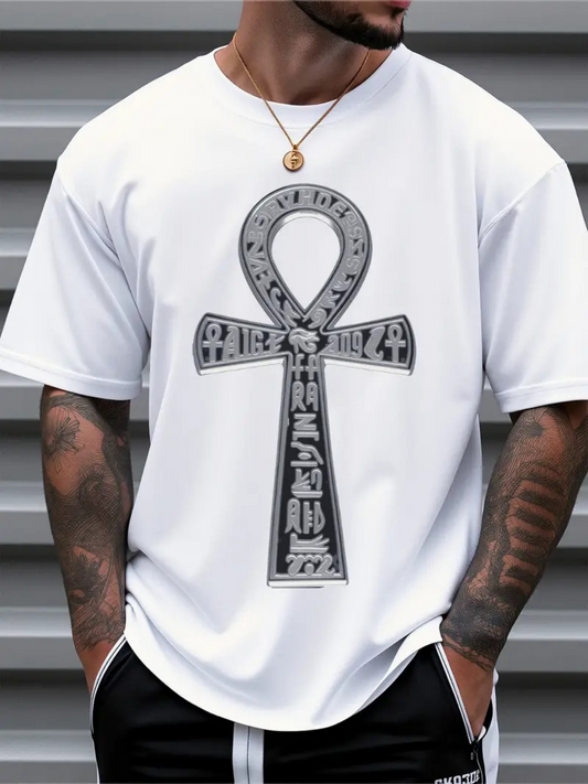 Men's Graphic T-Shirt Ancient Symbols And Hieroglyphics Within Ankh Cross Design