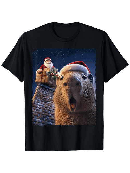 Men's Graphic T-Shirt Festive Capybara Wearing Santa Hat Under A Starry Night Sky