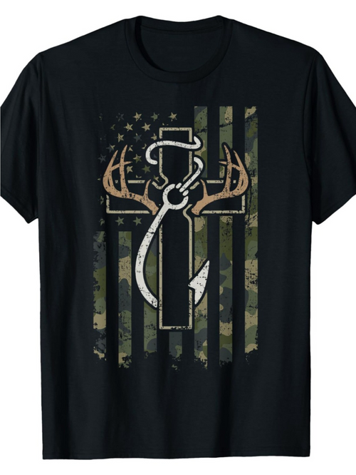 Men's Graphic T-Shirt Camo Flag With Fishing Hook And Antler Cross Design