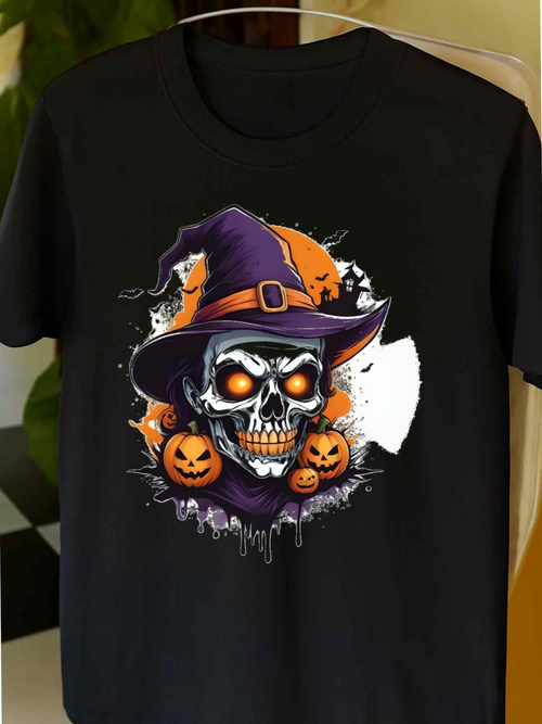 Men's Graphic T-Shirt Glowing Halloween Pumpkins And Haunted Witch Hat Skull