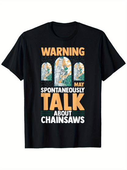 Men's Graphic T-Shirt Warning May Spontaneously Talk About Chainsaws With Cartoon Garden Gravestone