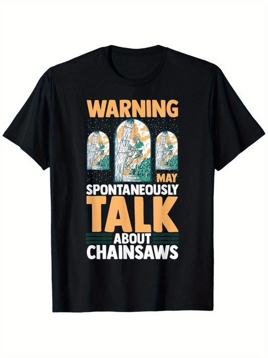 Men's Graphic T-Shirt Warning May Spontaneously Talk About Chainsaws With Cartoon Garden Gravestone