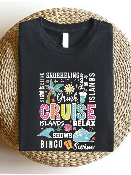 Men's Graphic T-Shirt Drink Cruise Islands Shows Bingo Swim With Tropical Palm Wave And Sun