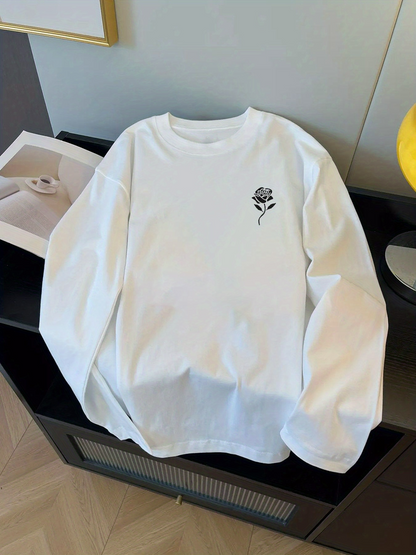 Men's Graphic T-Shirt Minimalist Black Floral Design Near Collar Rose