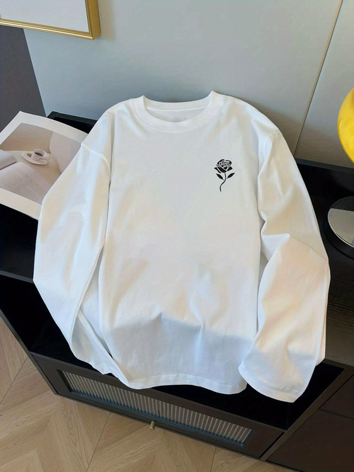 Men's Graphic T-Shirt Minimalist Black Floral Design Near Collar Rose