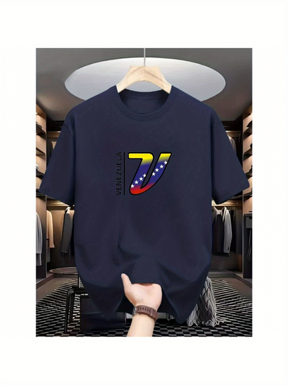 Men's Graphic T-Shirt Bold Flag Inspired Abstract Curves With Stars On Black T Shirt
