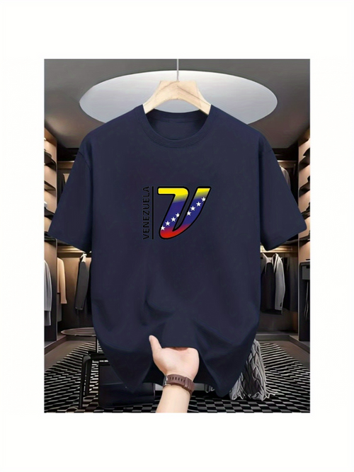 Men's Graphic T-Shirt Bold Flag Inspired Abstract Curves With Stars On Black T Shirt