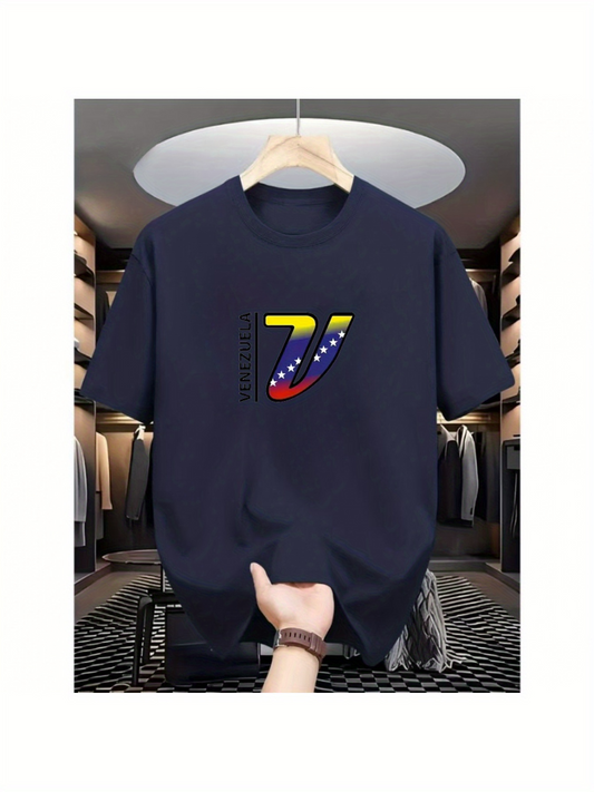 Men's Graphic T-Shirt Bold Flag Inspired Abstract Curves With Stars On Black T Shirt