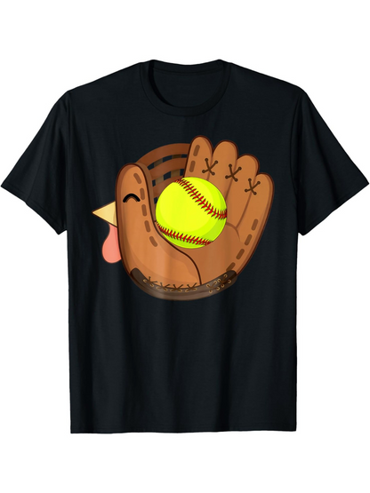 Men's Graphic T-Shirt Quirky Cartoon Style Brown Baseball Glove Holding A Bright Yellow Softball