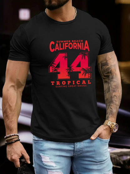 Men's Graphic T-Shirt Summer Escape California Bold Red Number Print With Tropical Letters T Shirt