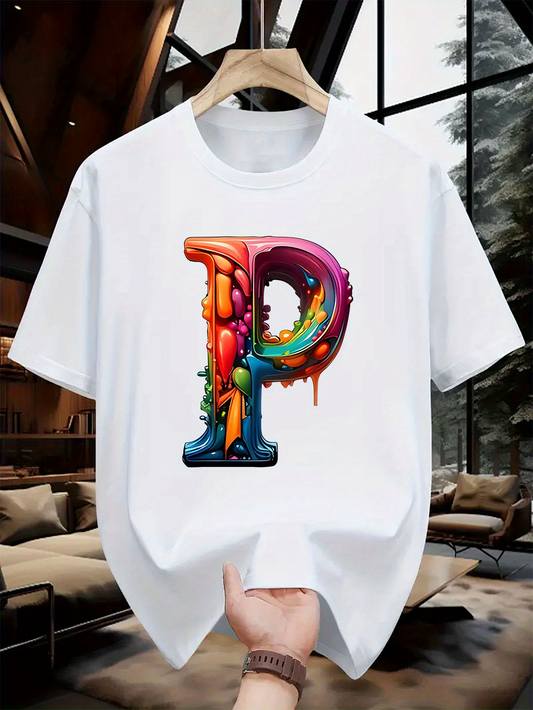 Men's Graphic T-Shirt Colorful Paint Splash Design With Dripping Artistic Letter P