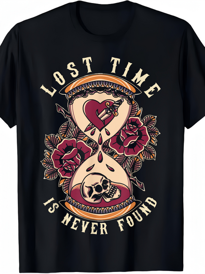Men's Graphic T-Shirt Lost Time Is Never Found With Rose Hourglass Skulls And Bleeding Heart