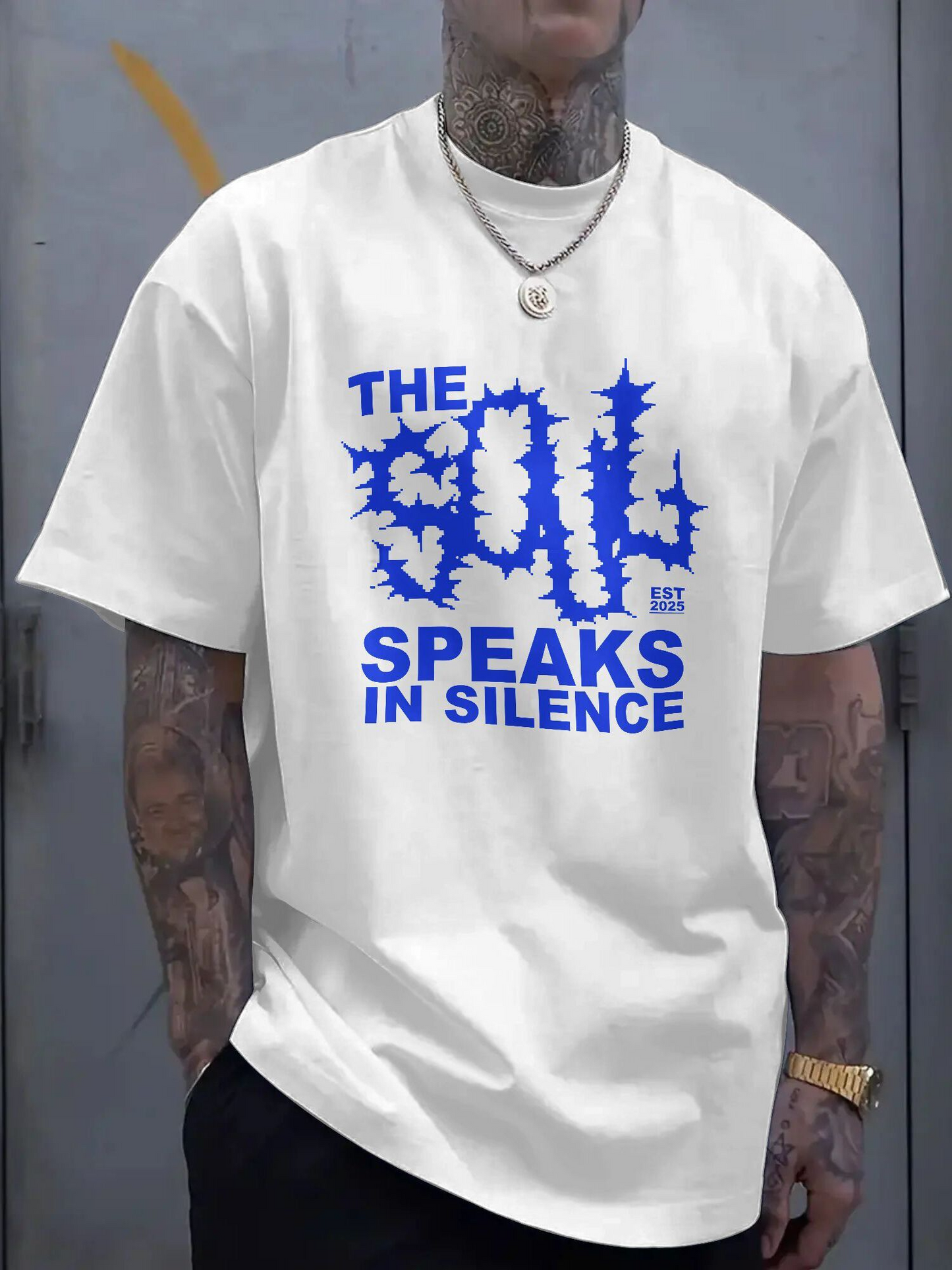 Men's Graphic T-Shirt The Soil Speaks In Silence Electric Blue Spiked Words On White Shirt