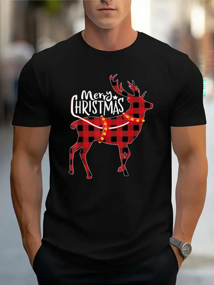 Men's Graphic T-Shirt Merry Christmas Red Plaid Patterned Festive Reindeer With Holiday Lights Reindeer