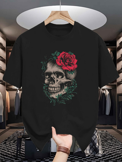 Men's Graphic T-Shirt Detailed Skull With Red Rose Blossoming Among Lush Green Leaves Skull