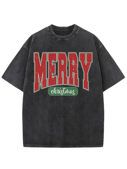 Men's Graphic T-Shirt Merry Christmas Bold Lettering With Vintage Washed Black Fabric Shirt