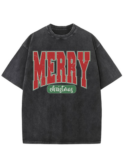 Men's Graphic T-Shirt Merry Christmas Bold Lettering With Vintage Washed Black Fabric Shirt