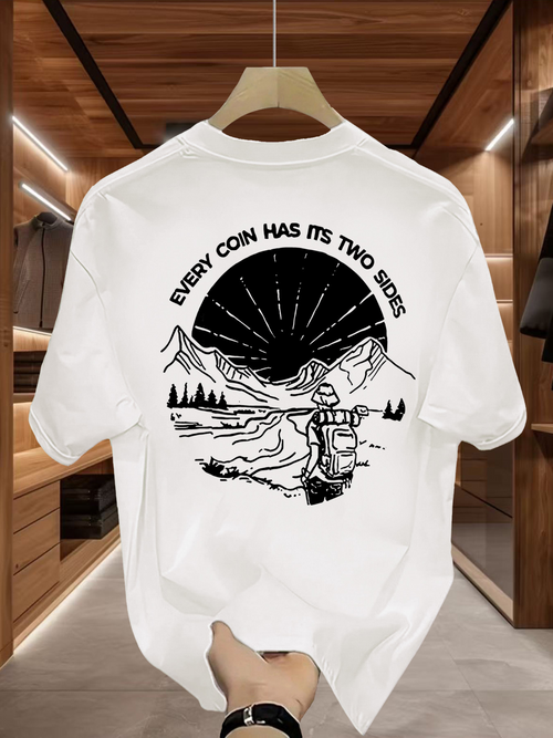 Men's Graphic T-Shirt Every Coin Has Its Two Sides Scenic Valley With Hiker Surrounded By Majestic Mountains