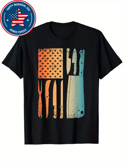 Men's Graphic T-Shirt Vintage Worn Utensils And Chopping Board With Rustic Sunset Grill Tools