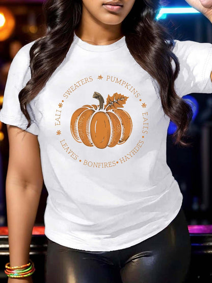 Women's Graphic T-Shirt Spiced Autumn Leaves With Cozy Harvest Orange Pumpkin