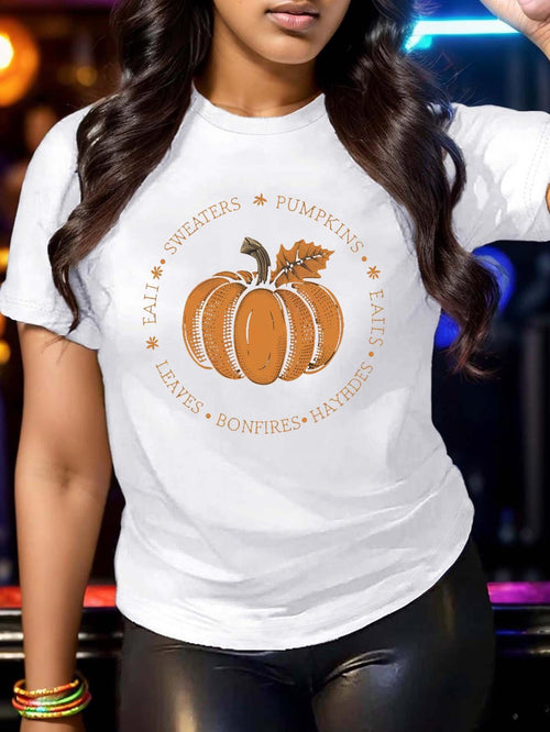 Women's Graphic T-Shirt Spiced Autumn Leaves With Cozy Harvest Orange Pumpkin