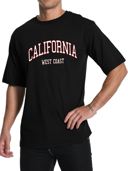 Men's Graphic T-Shirt California West Coast Sporty Lettering On Black Cotton T Shirt