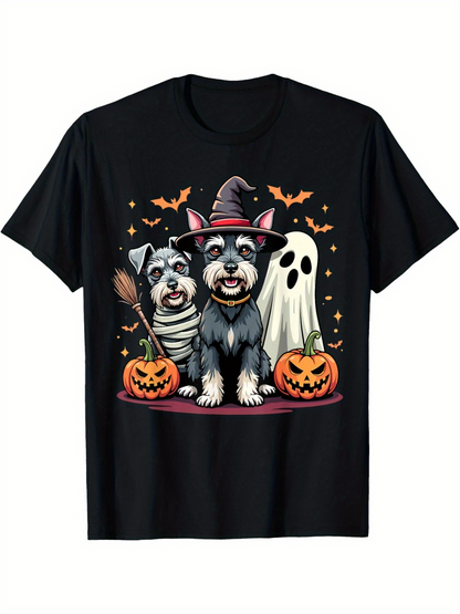 Men's Graphic T-Shirt Two Schnauzer Dogs With Halloween Pumpkins And Flying Bats Surrounded By Stars