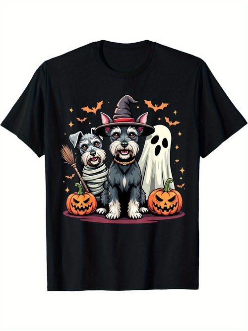 Men's Graphic T-Shirt Two Schnauzer Dogs With Halloween Pumpkins And Flying Bats Surrounded By Stars