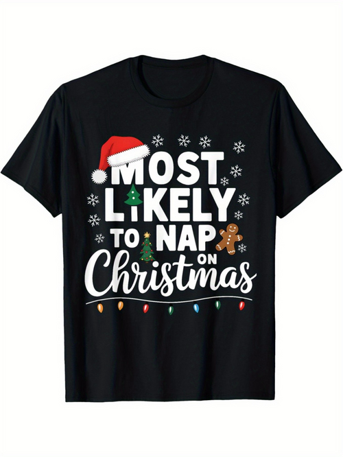 Men's Graphic T-Shirt Most Likely To Nap On Christmas With Gingerbread And Festive Trees