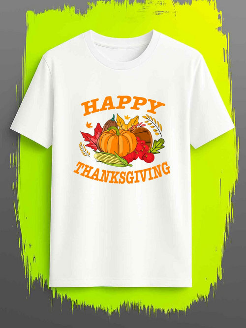 Men's Graphic T-Shirt Happy Thanksgiving Vibrant Autumn Leaves Pumpkins Surrounded By Colorful Harvest Vegetables