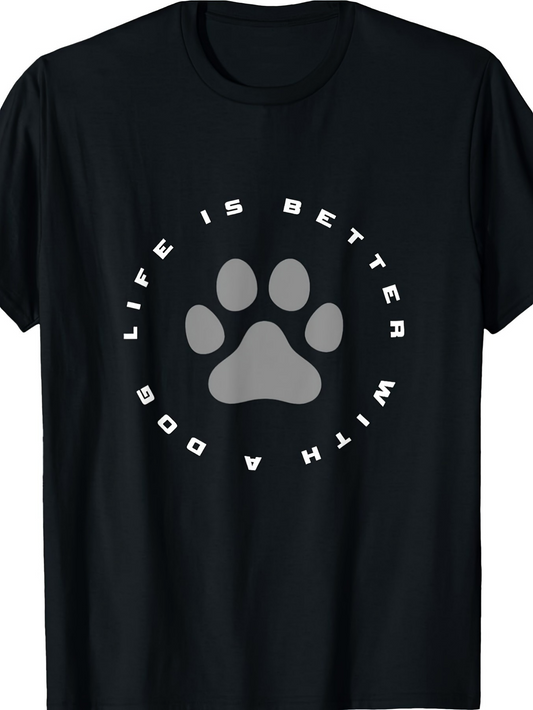 Men's Graphic T-Shirt Life Is Better With A Dog Surrounded By Grey Paw Print Design