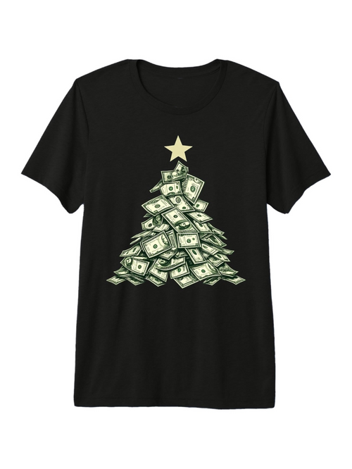 Men's Graphic T-Shirt Stacked Dollar Bills Forming A Christmas Tree With Golden Star