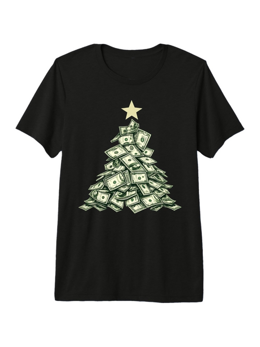 Men's Graphic T-Shirt Stacked Dollar Bills Forming A Christmas Tree With Golden Star