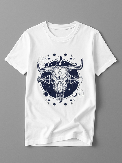 Men's Graphic T-Shirt Celestial Night Sky With Mystic Geometric Shapes And Bull Skull