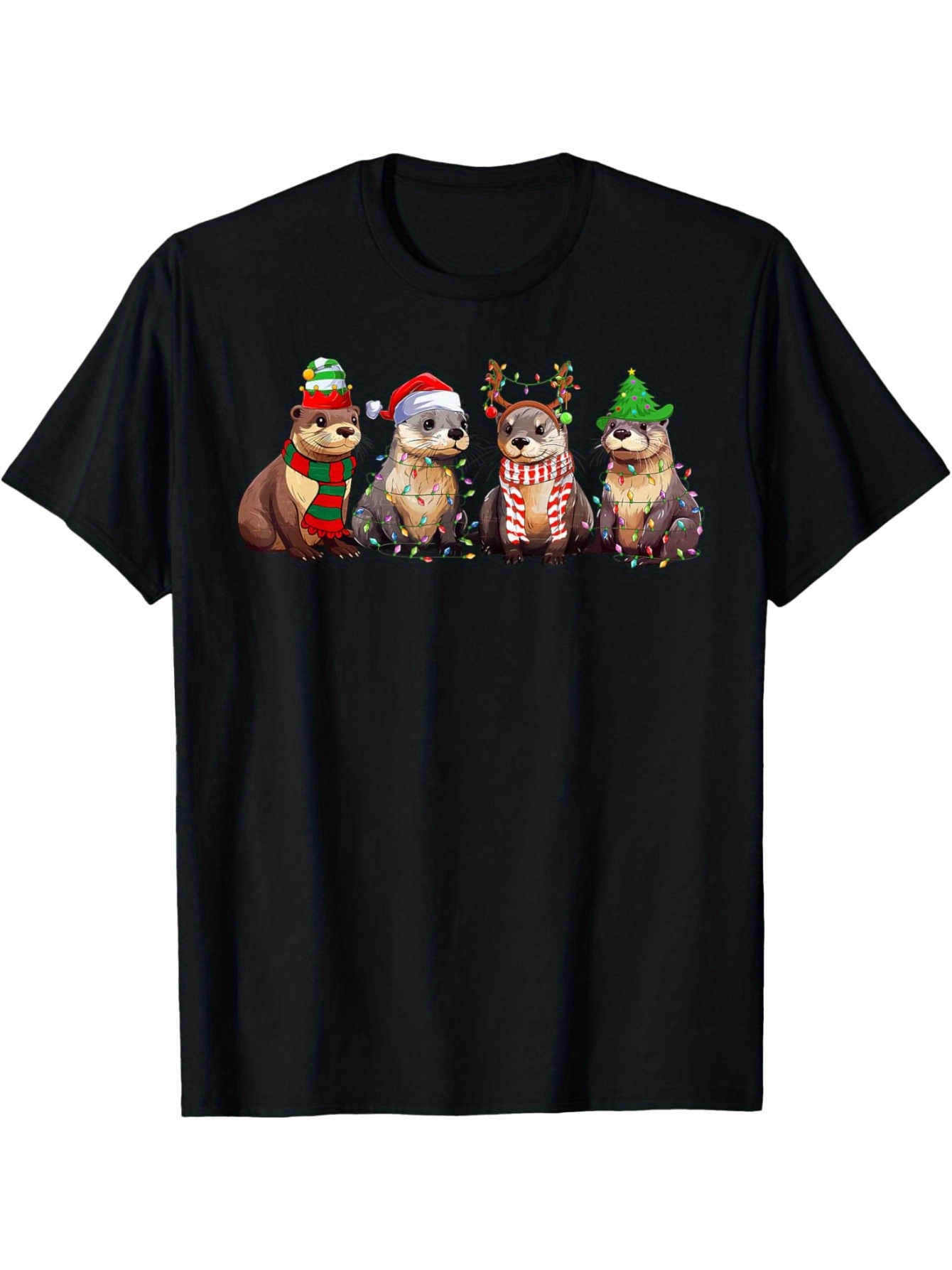 Men's Graphic T-Shirt Festive Animals With Winter Holiday Accessories Otter