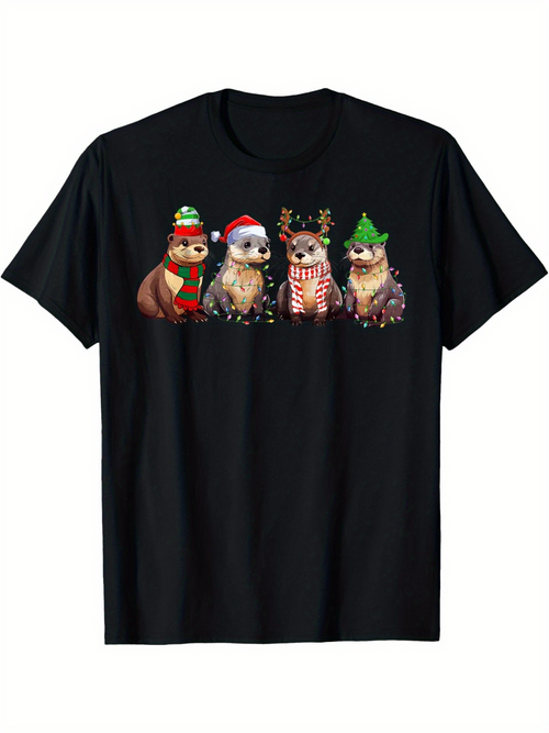 Men's Graphic T-Shirt Festive Animals With Winter Holiday Accessories Otter