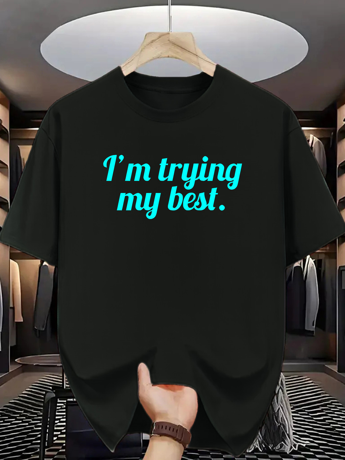 Men's Graphic T-Shirt Im Trying My Best Light Blue Letters On Black Cotton T Shirt