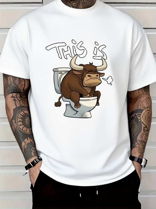 Men's Graphic T-Shirt This Is Grumpy Cartoon Bull Sitting On Toilet
