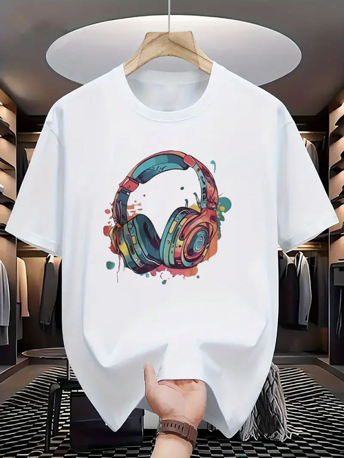 Men's Graphic T-Shirt Colorful Graffiti Style With Splattered Art Surrounding Headphones
