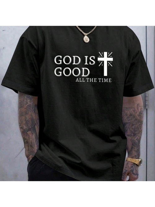 Men's Graphic T-Shirt God Is Good Cross Design With Simple White Graphic Text T Shirt