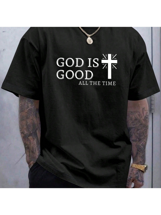 Men's Graphic T-Shirt God Is Good Cross Design With Simple White Graphic Text T Shirt